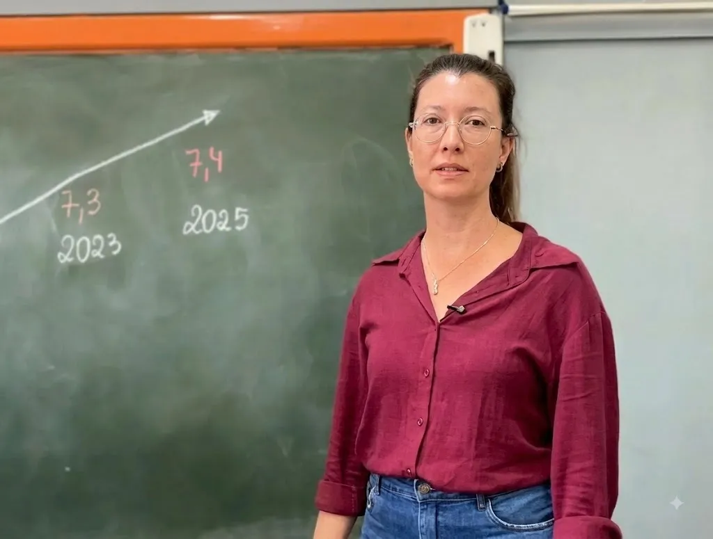 Professora de camisa vinho e óculos posando ao lado de um quadro verde com dados e um gráfico ascendente.