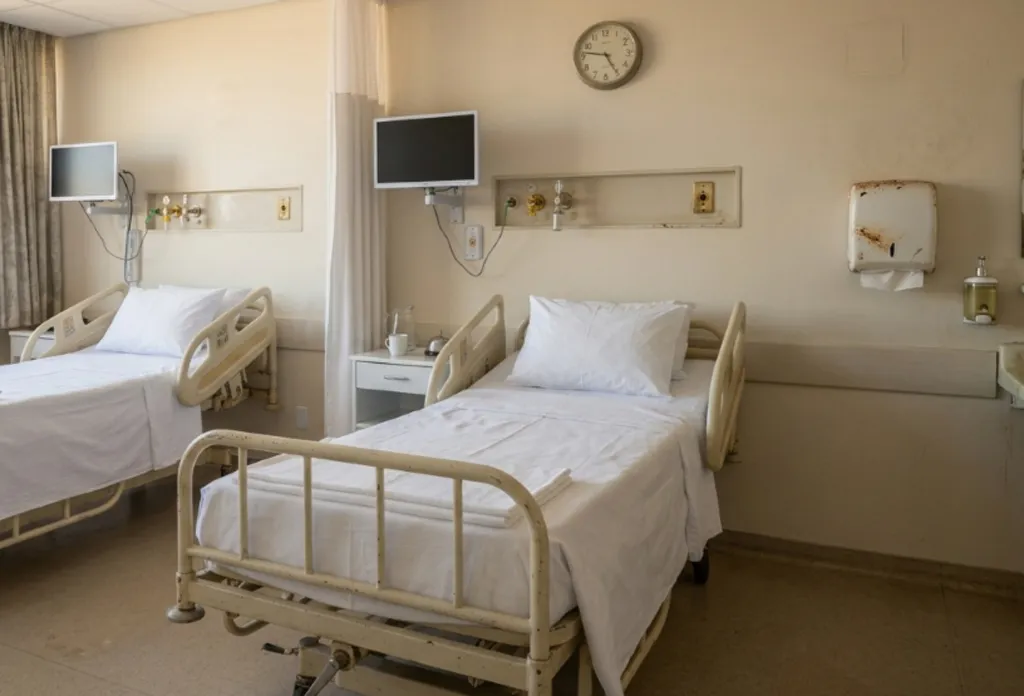 Camas hospitalares com lençóis e travesseiros brancos, tendo equipamentos e televisões nas paredes
