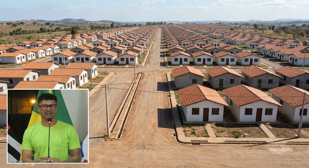 Casas populares na cor branca, sem muro, com ruas e avenida sem asfalto, com um homem de camisa verde e óculos no destaque