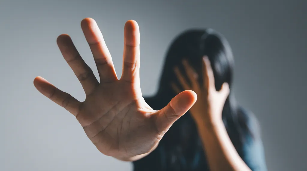mulher com uma das mãos aberta num sinal de pare e a outra no rosto
