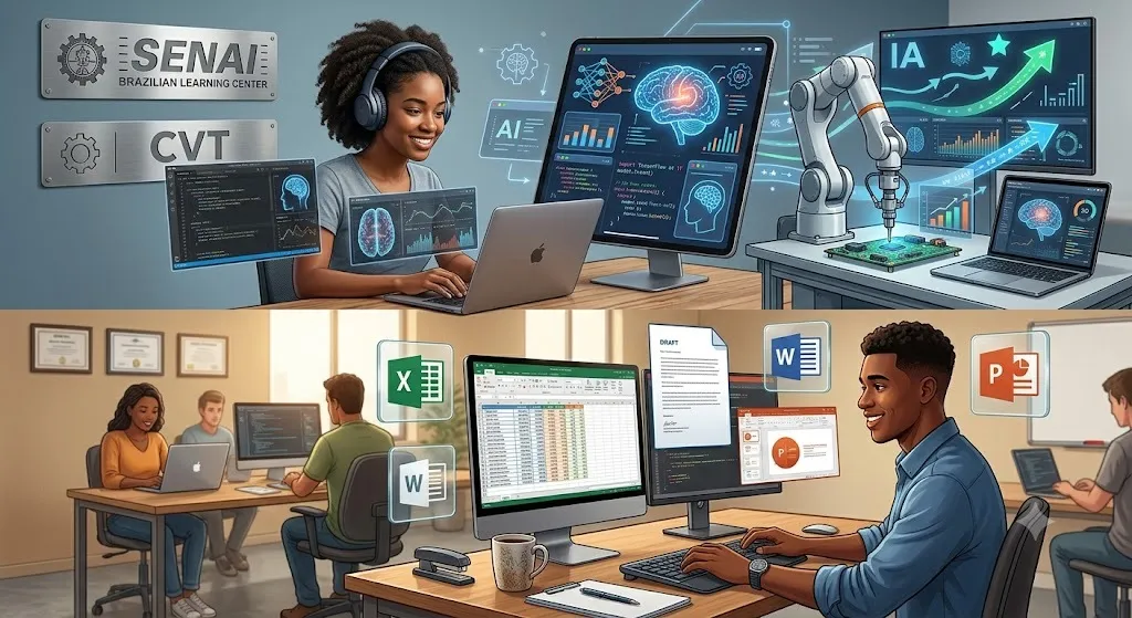 A imagem mostra pessoas em um ambiente educacional moderno utilizando computadores para aprender sobre Inteligência Artificial e o Pacote Office. O cenário combina tecnologia avançada com rotinas de escritório, destacando o aprendizado prático e a capacitação profissional.