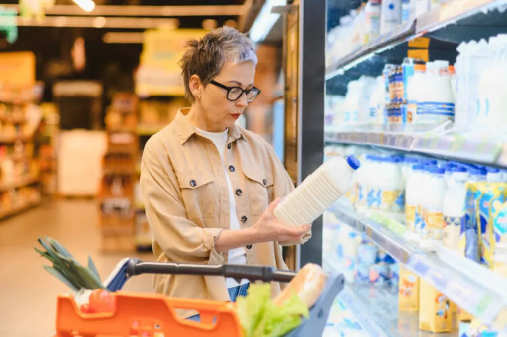 Uma mulher de cabelo curto e óculos observa o rótulo de uma garrafa de leite no corredor de refrigerados de um supermercado.