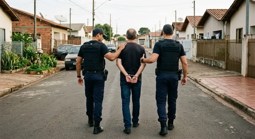 Três homens de roupas pretas e de costas caminham por uma rua, sendo um deles algemado
